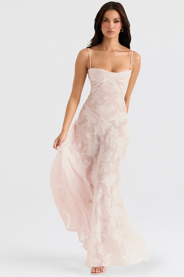 Soft pink lamé floral evening gown with vintage-inspired layered silhouette and built-in cups