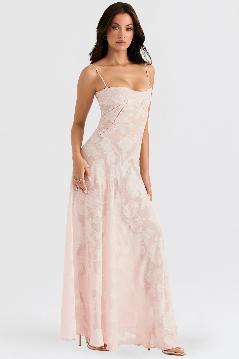 Women's slim-fit maxi dress with floral appliqué and sheer lace back, elegant party style