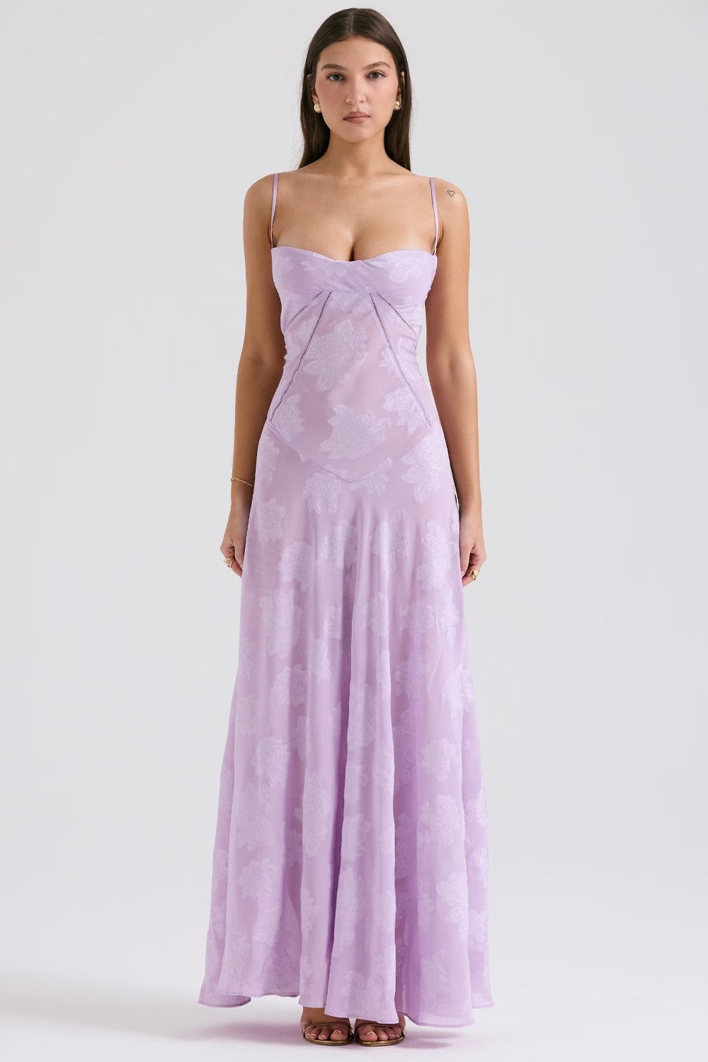 Soft pink lamé vintage evening gown with floral pattern, layered fabric, and built-in cups for glamorous wear