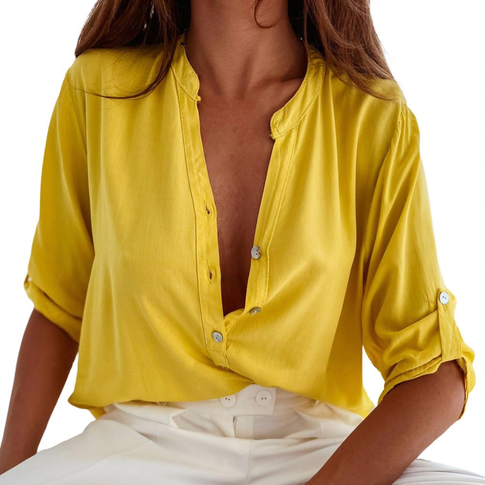 Women's white V-neck stand collar blouse with 3D-cut tailored seams for a flattering silhouette