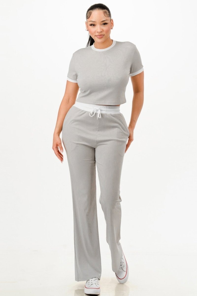 Grey ribbed crop top and wide-leg pants set with contrast binding, soft stretch sporty-chic lounge wear