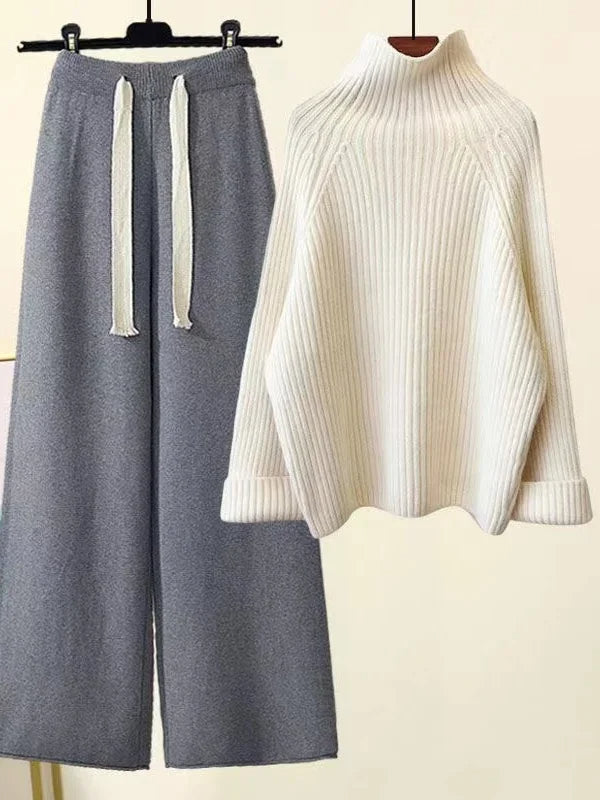 Oversized ribbed turtleneck lounge set with wide-leg drawstring pants, ultra-soft cotton blend knit