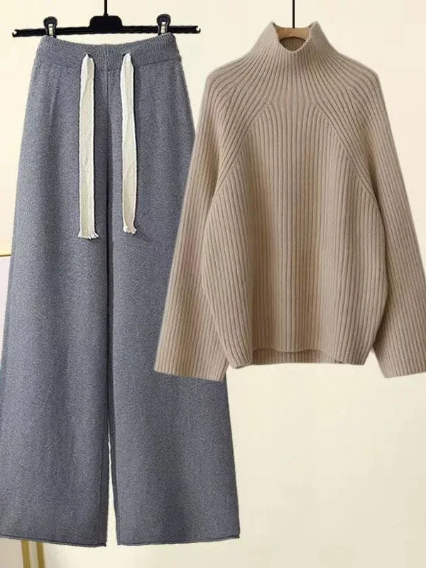 Oasis cream knit lounge set oversized ribbed turtleneck sweater wide-leg drawstring pants