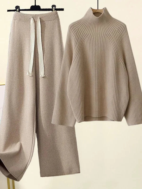 Oasis knit lounge set oversized ribbed turtleneck sweater wide-leg drawstring pants ultra-soft cotton blend