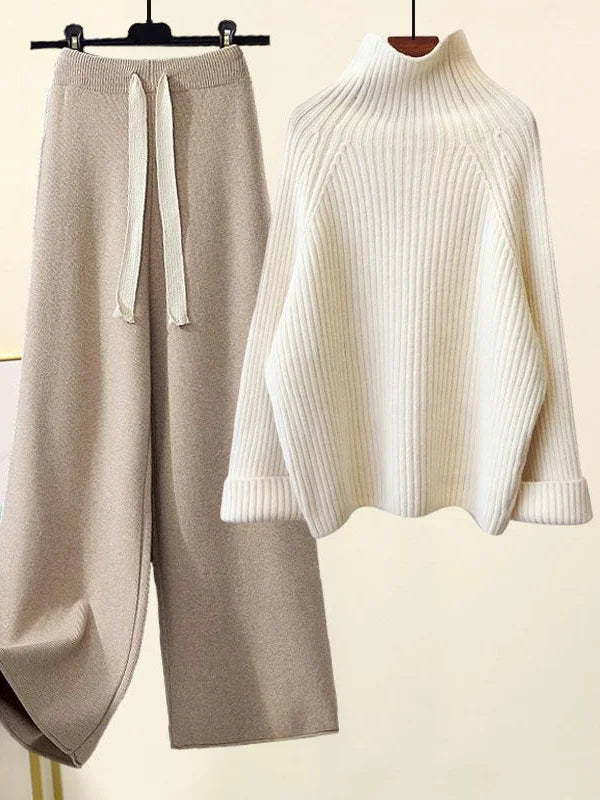 Oasis oversized ribbed turtleneck lounge set cotton blend wide-leg drawstring pants neutral cozy fit