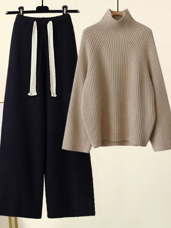 Cream oversized ribbed turtleneck sweater and wide-leg drawstring pants knit lounge set