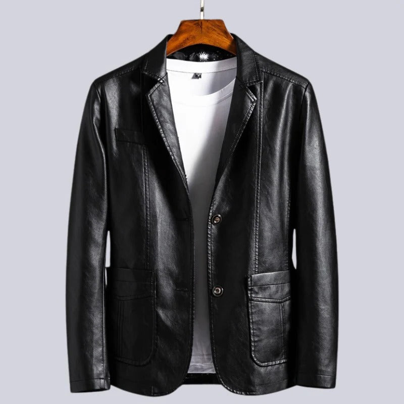 Black unisex faux leather jacket sleek premium cut with spacious front pockets and hidden compartments