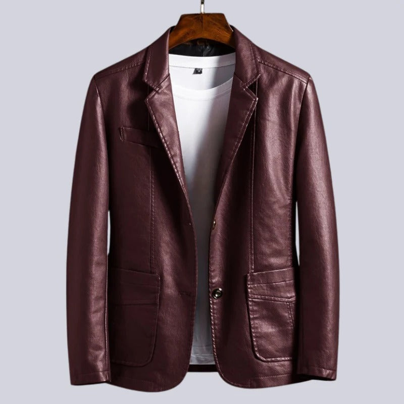 Black unisex faux leather jacket with sleek silhouette and hidden inner compartments