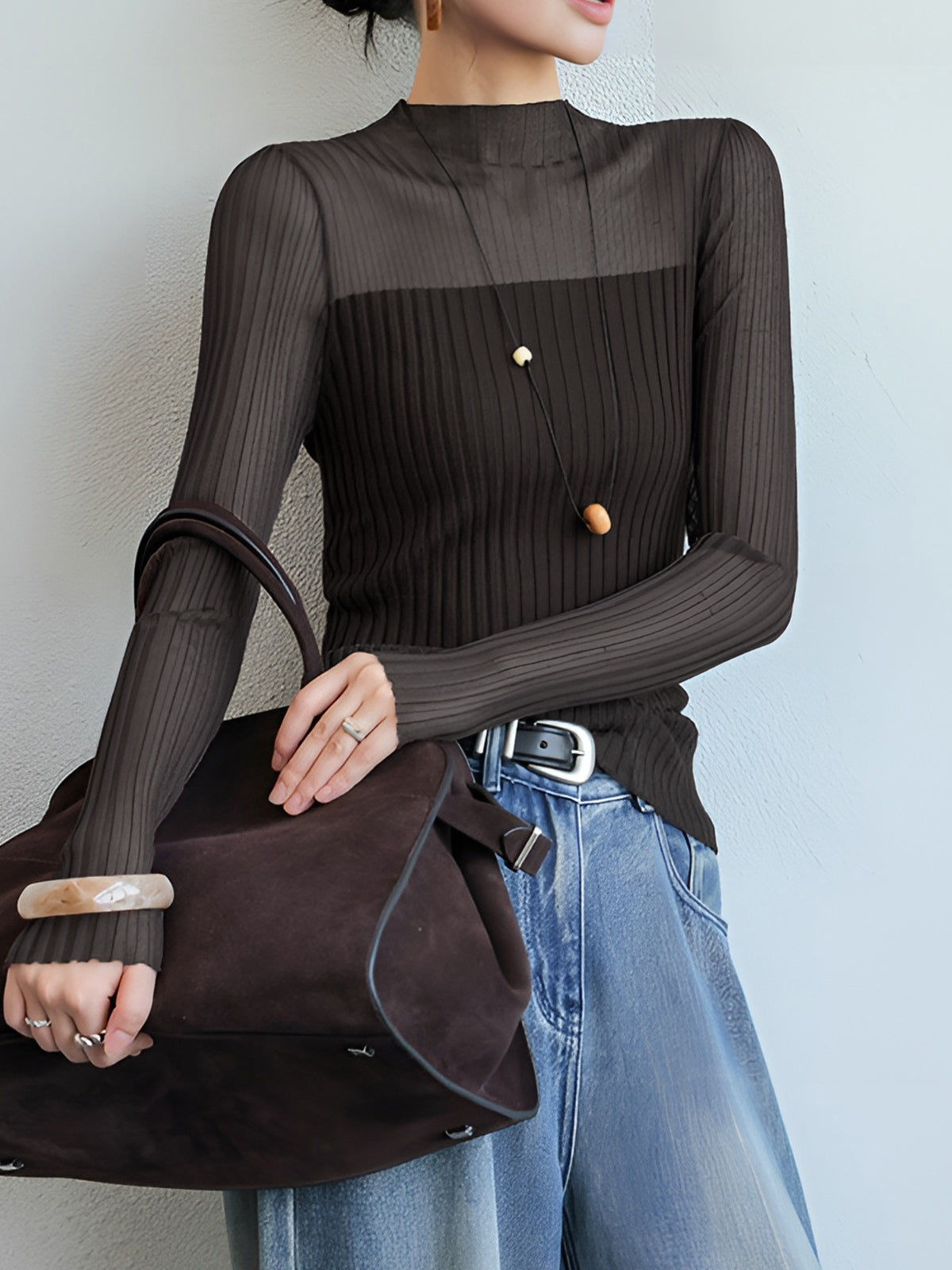 Women's beige slim rib-knit sweater with sheer panel accents, casual chic everyday style