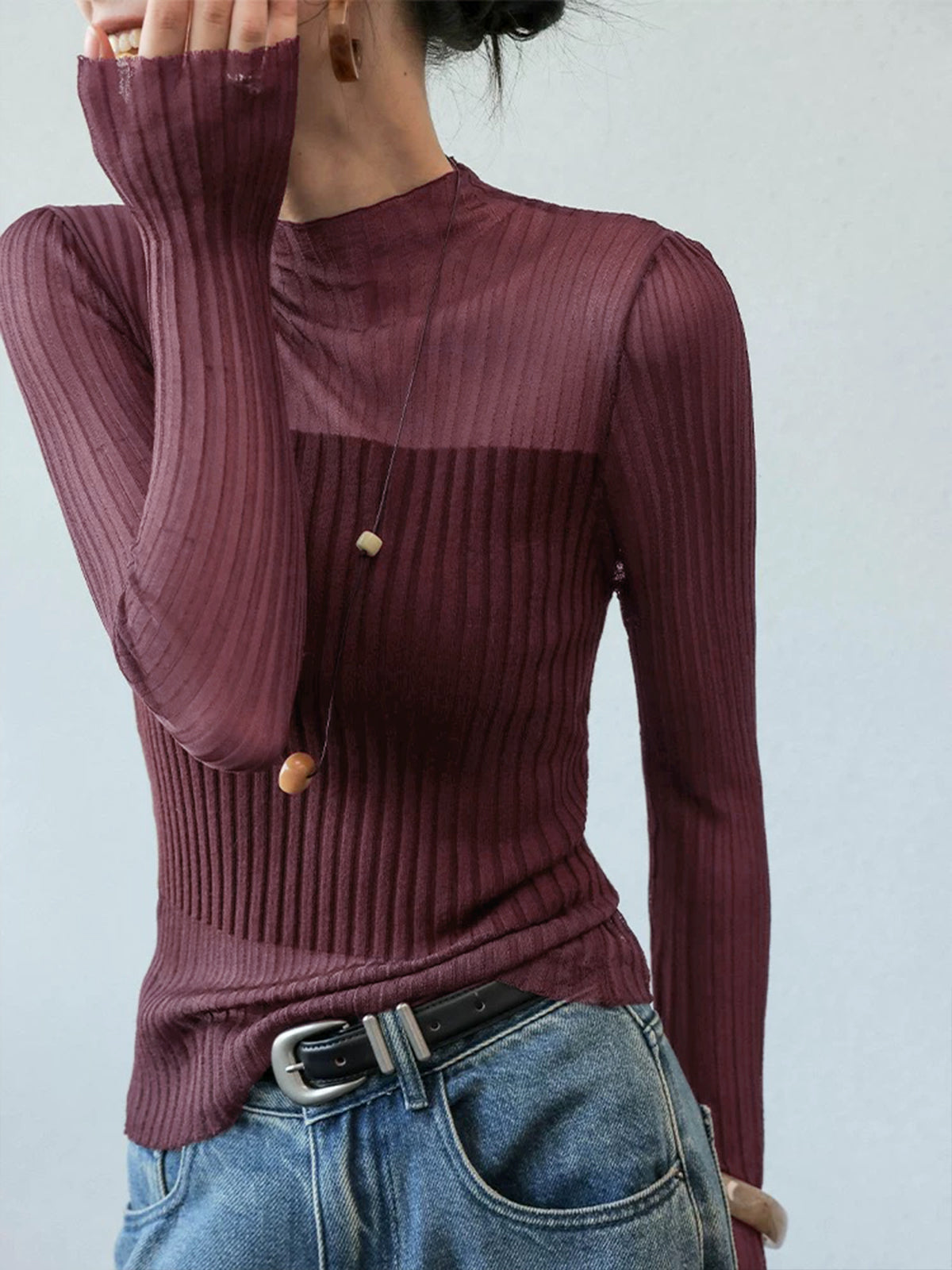 Women's beige ribbed knit sweater with sheer panel accents, slim casual chic fit