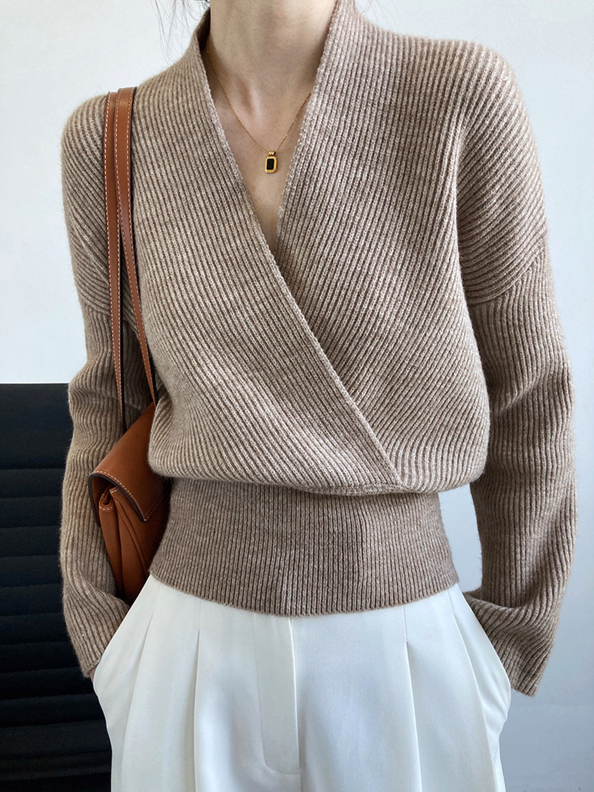 Women's wrap sweater neutral-tone plain knit workwear style with slight stretch and clean lines
