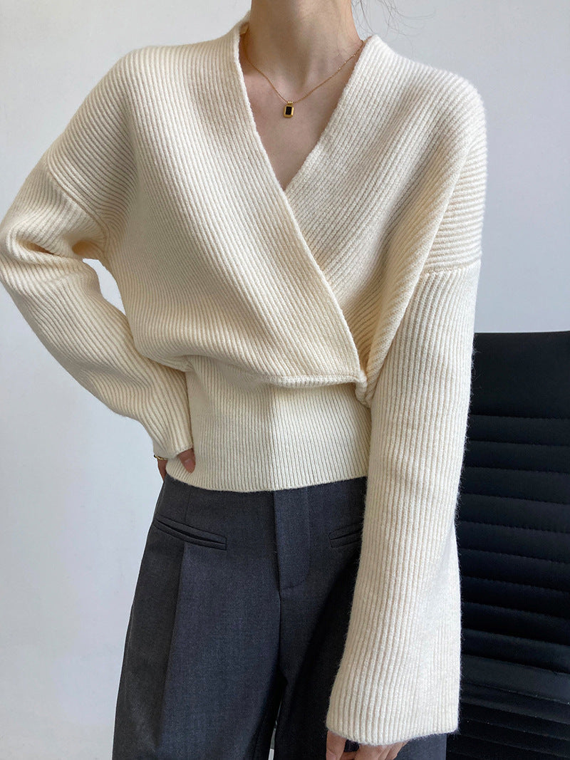 Women's beige wrap sweater casual workwear knit with slight stretch and clean minimalist silhouette