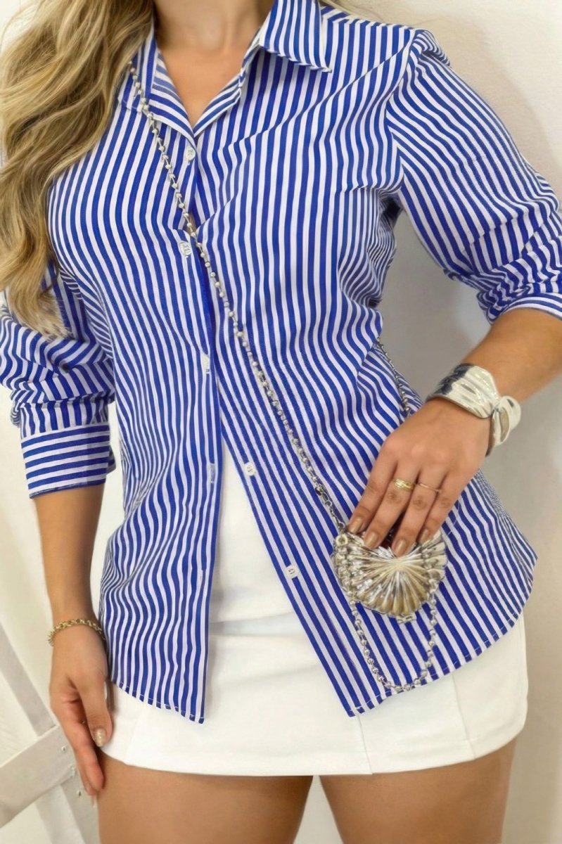 Plus size striped button-up blouse tailored fit breathable polyester vertical stripes curvy women