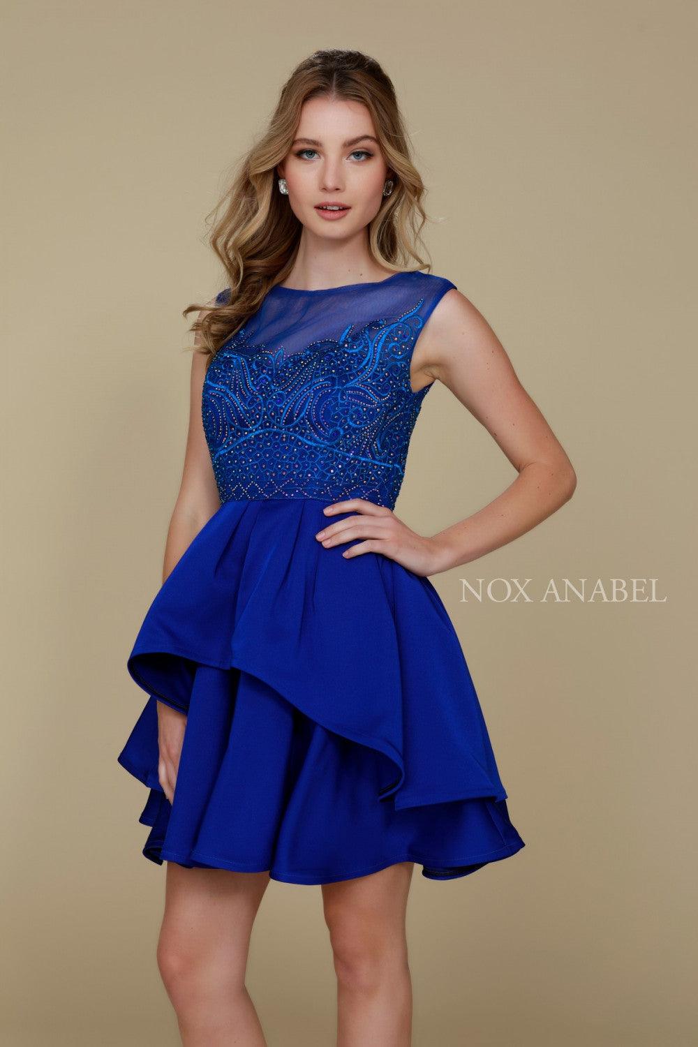 Royal blue short A-line lace prom dress with beaded high neckline and rhinestone waist detail