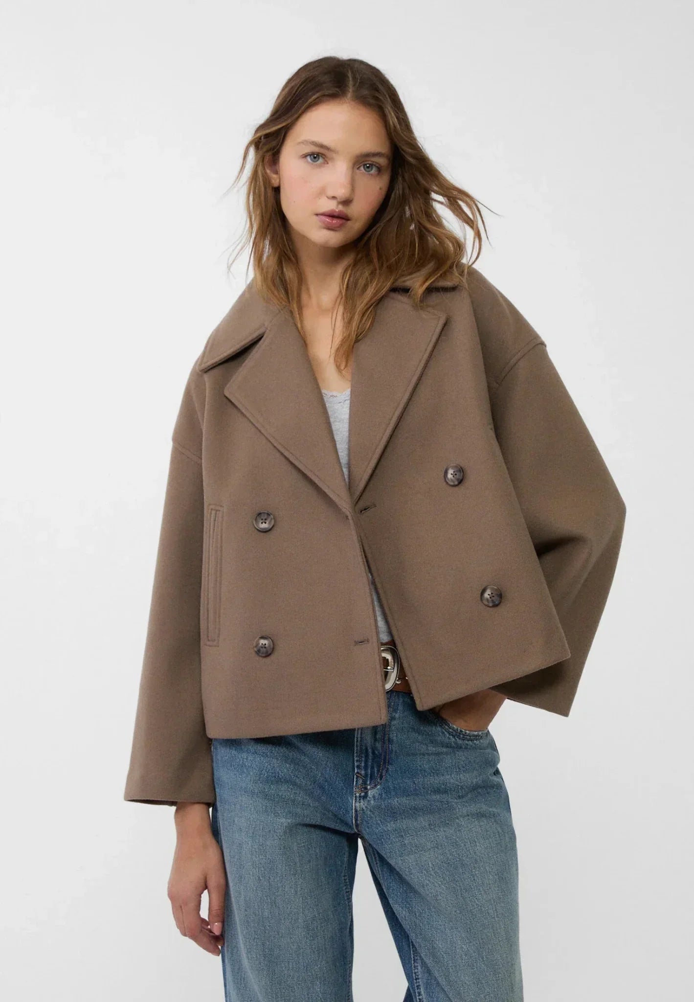 Women's camel wool cropped pea coat double-breasted oversized fit with notched lapel