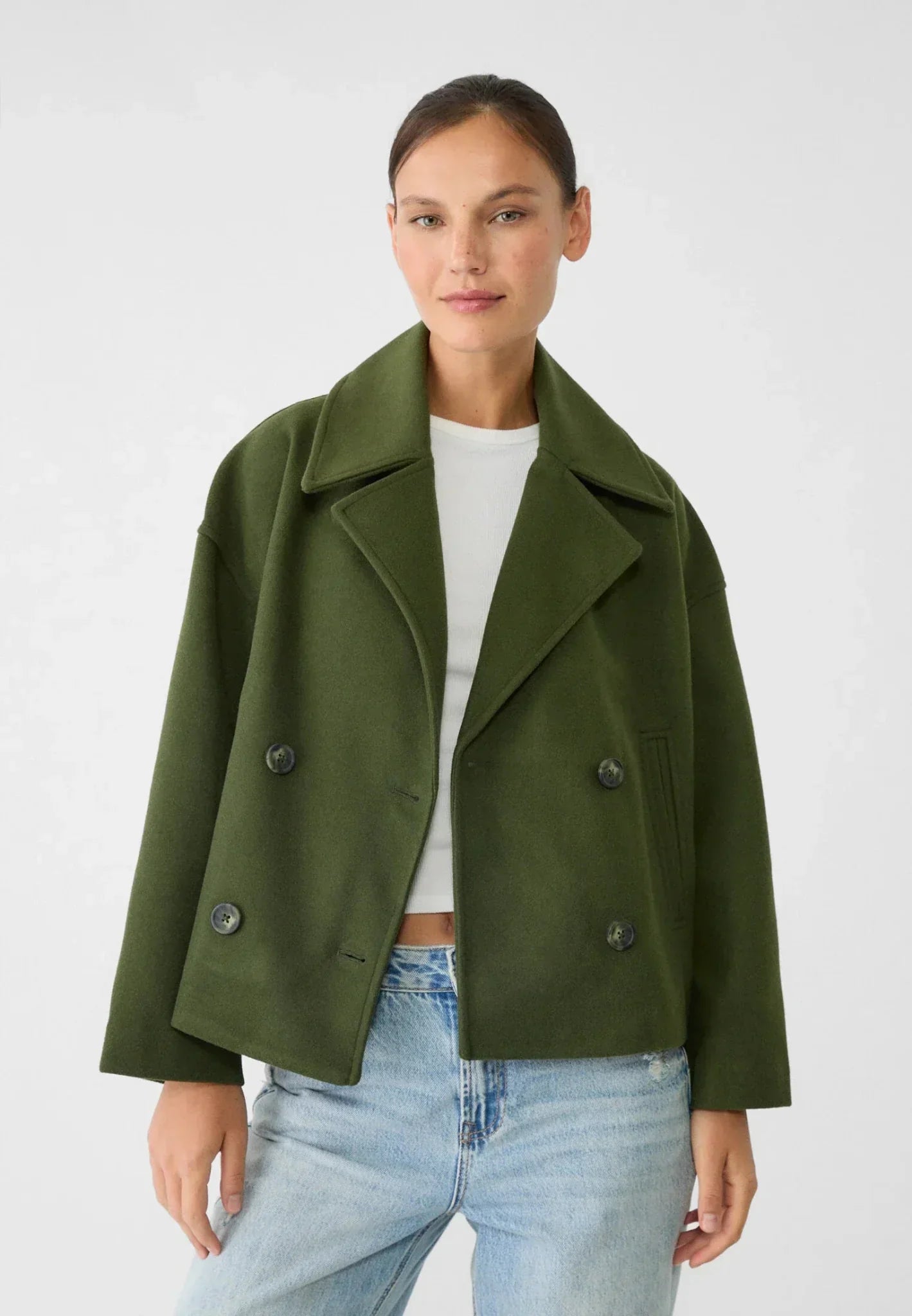 Women's cropped wool pea coat in neutral tone, double-breasted notched lapel oversized fit