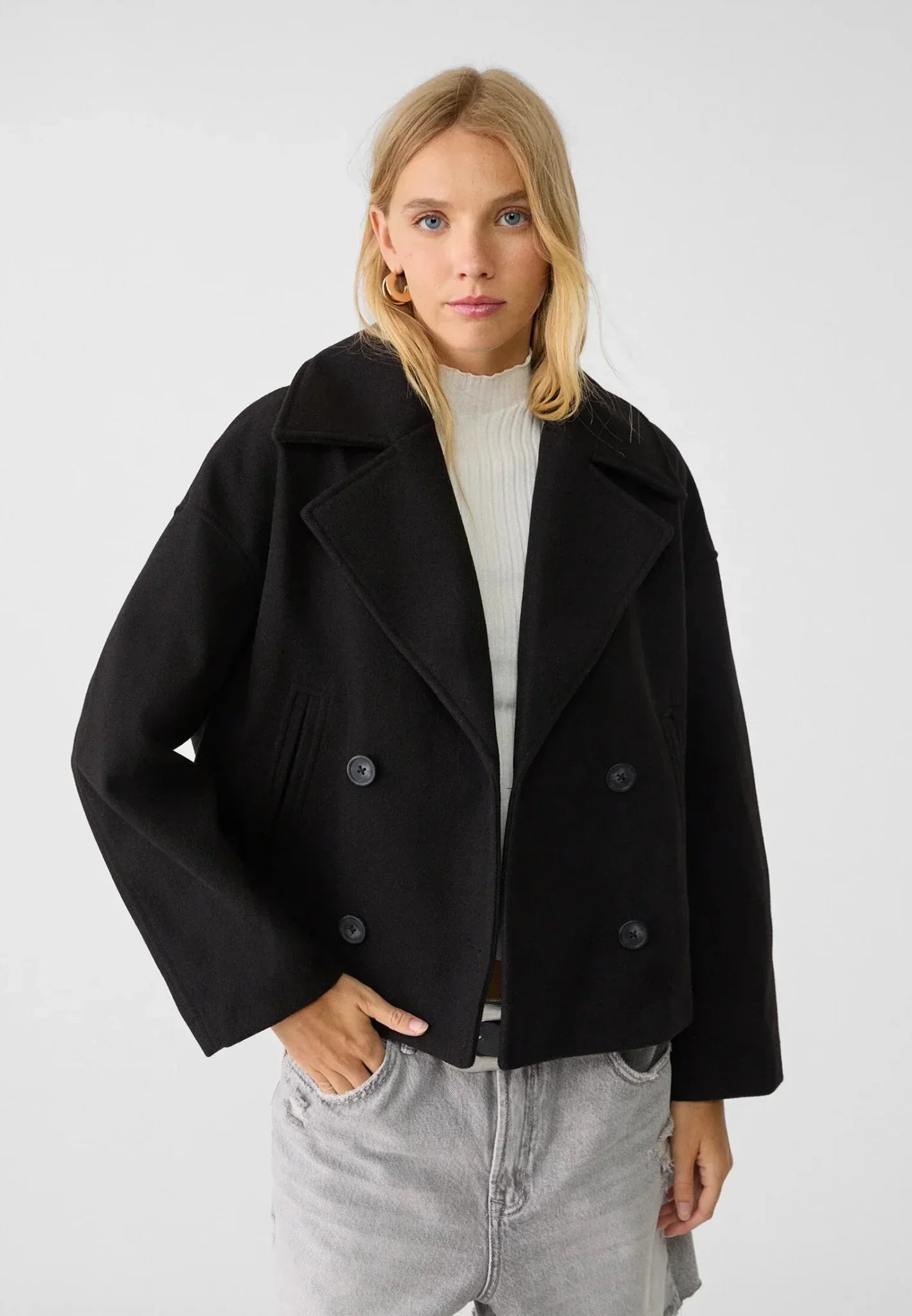 Women's cropped wool pea coat double-breasted oversized fit notched lapel in neutral tone