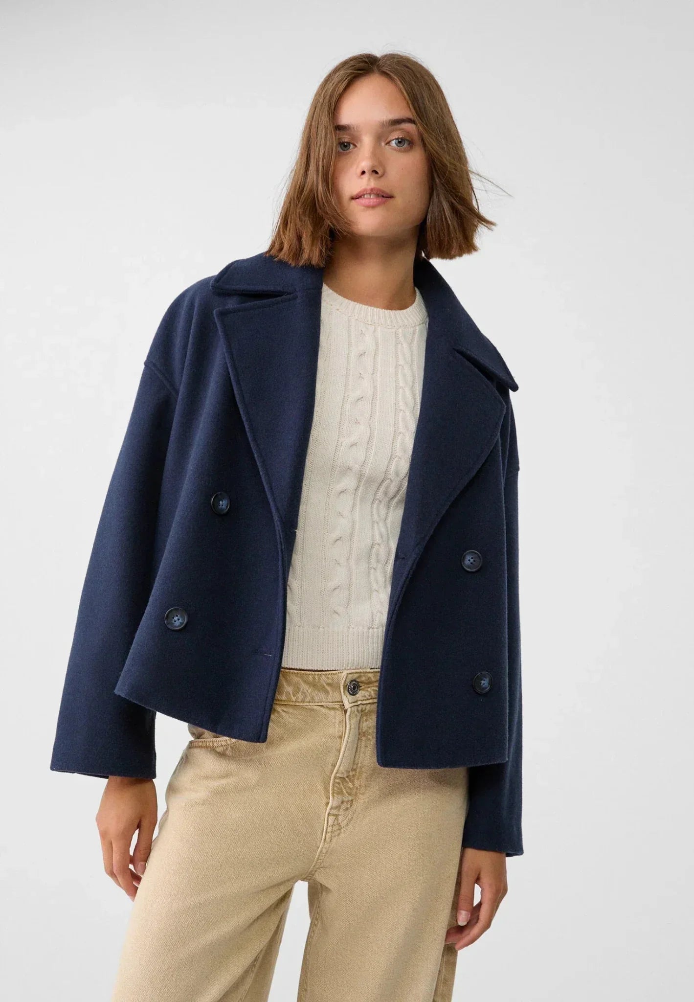 Women's cropped wool pea coat jacket double-breasted notched lapel oversized fit in neutral tone