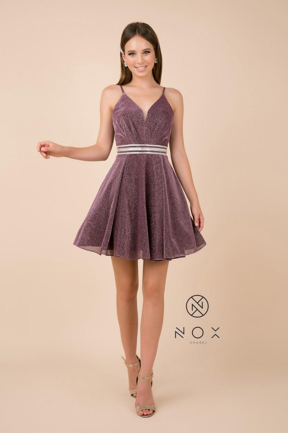 Short black homecoming dress spaghetti straps plunging V-neck mid-thigh A-line silhouette back zipper