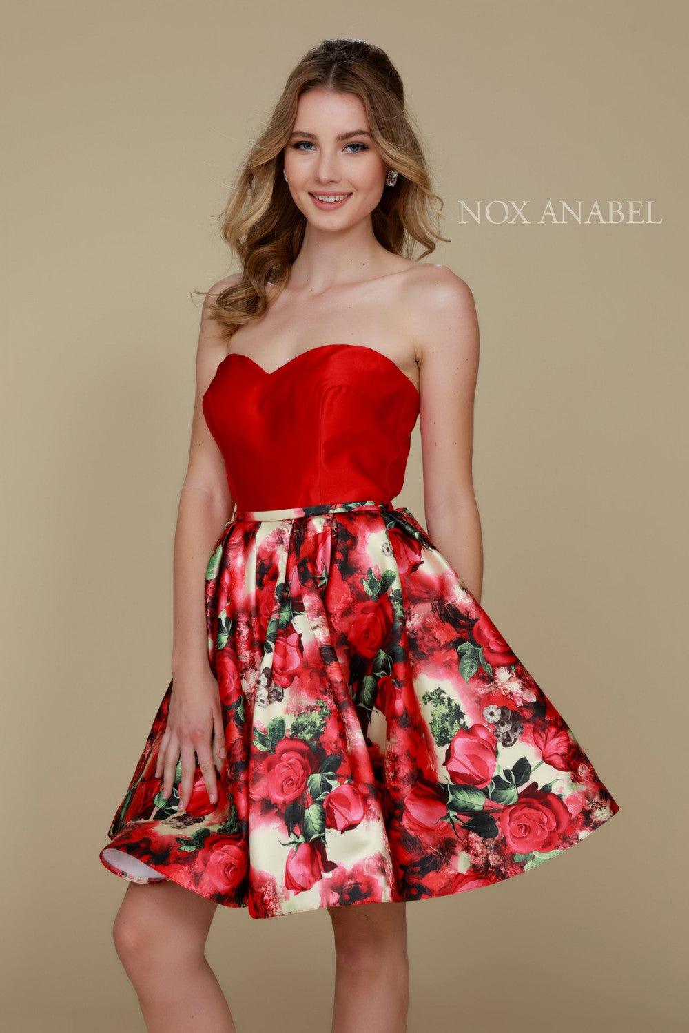 Floral satin short prom dress with sweetheart strapless bodice and belted waist elegant silhouette