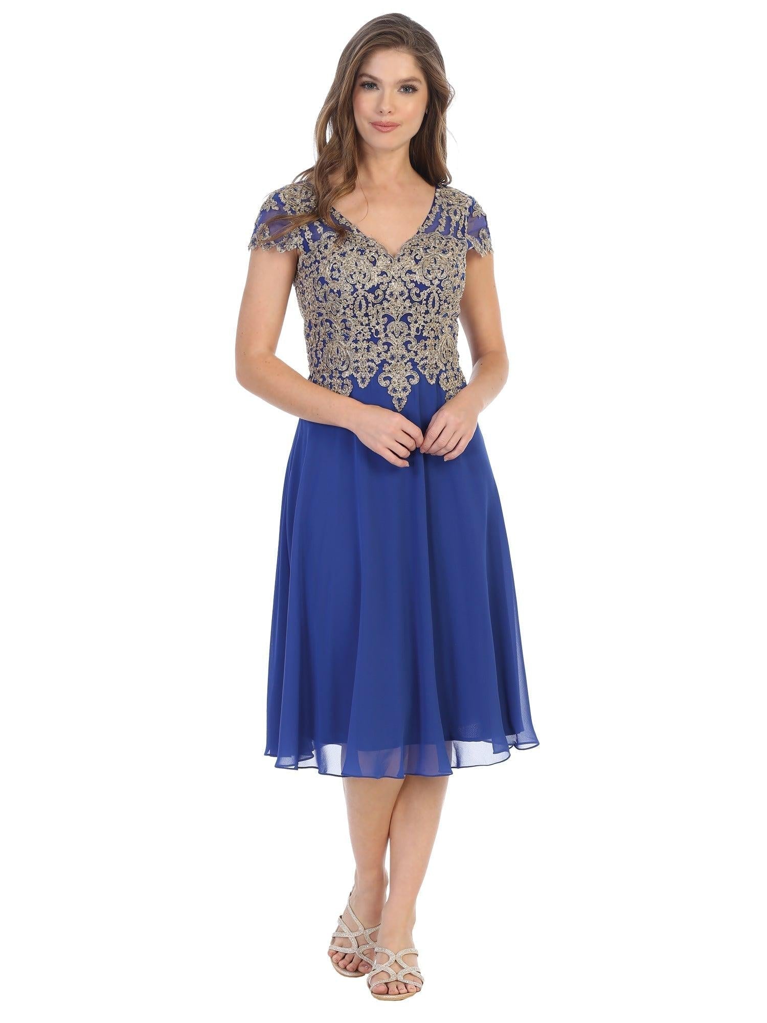 Knee-length chiffon formal dress with tulle skirt, beaded waist, and illusion cap sleeves for weddings