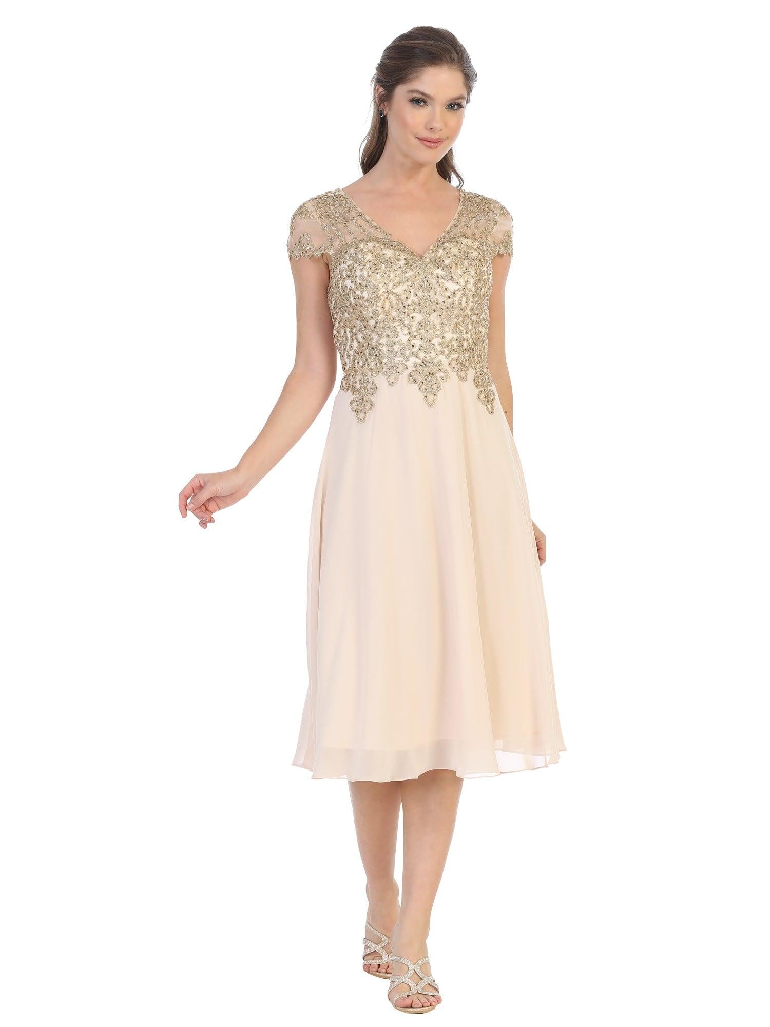 Knee-length chiffon formal dress with tulle skirt, beaded waist, and illusion cap sleeves for weddings
