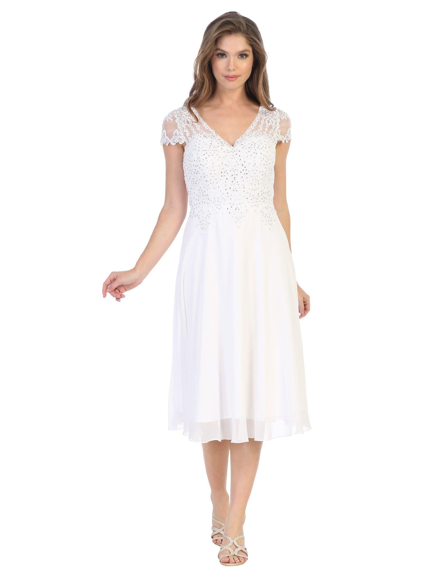 Knee-length chiffon formal dress with tulle skirt, beaded waist, and illusion cap sleeves for weddings