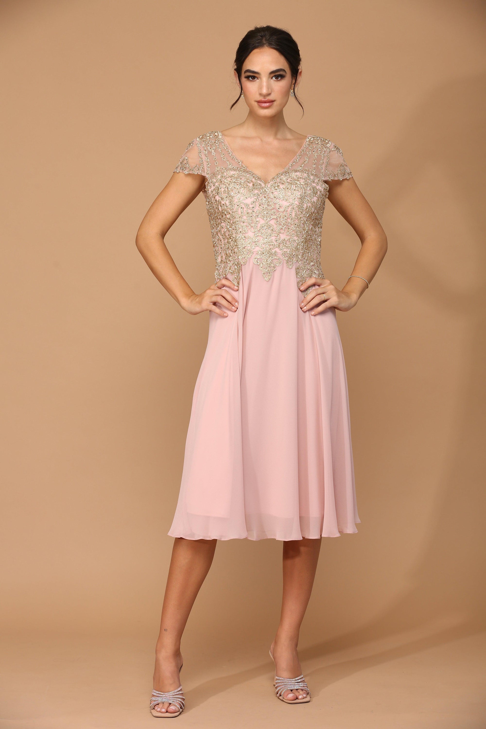 Knee-length chiffon cocktail dress with tulle skirt, illusion cap sleeves, and beaded waist for weddings