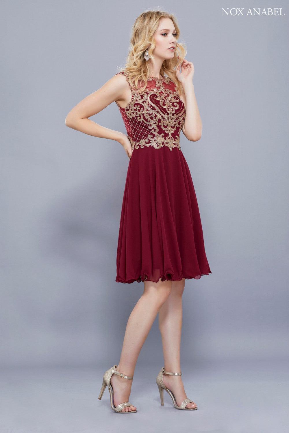 Knee-length chiffon prom dress bateau neckline open shoulders sleeveless embellished zipper back formal