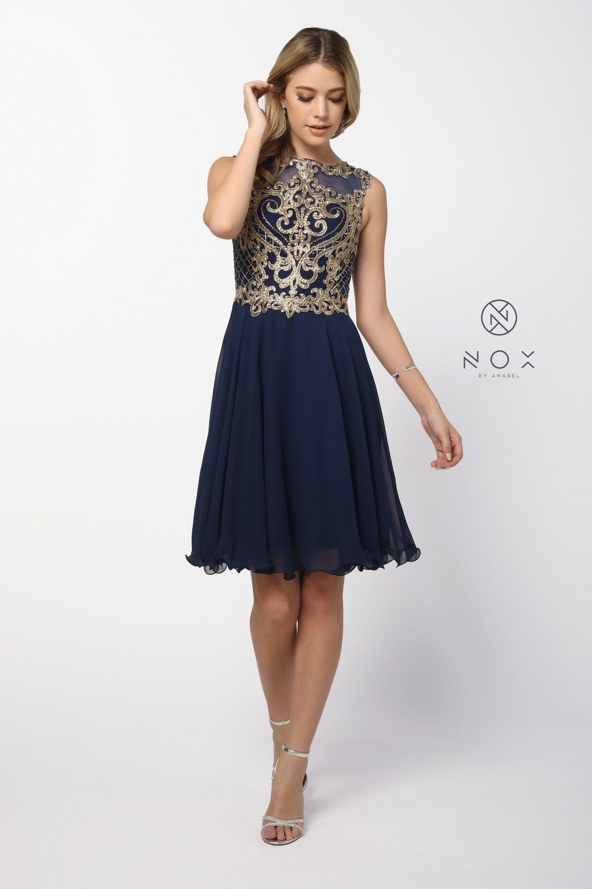 Knee-length chiffon prom dress bateau neckline open shoulders sleeveless zipper back formal