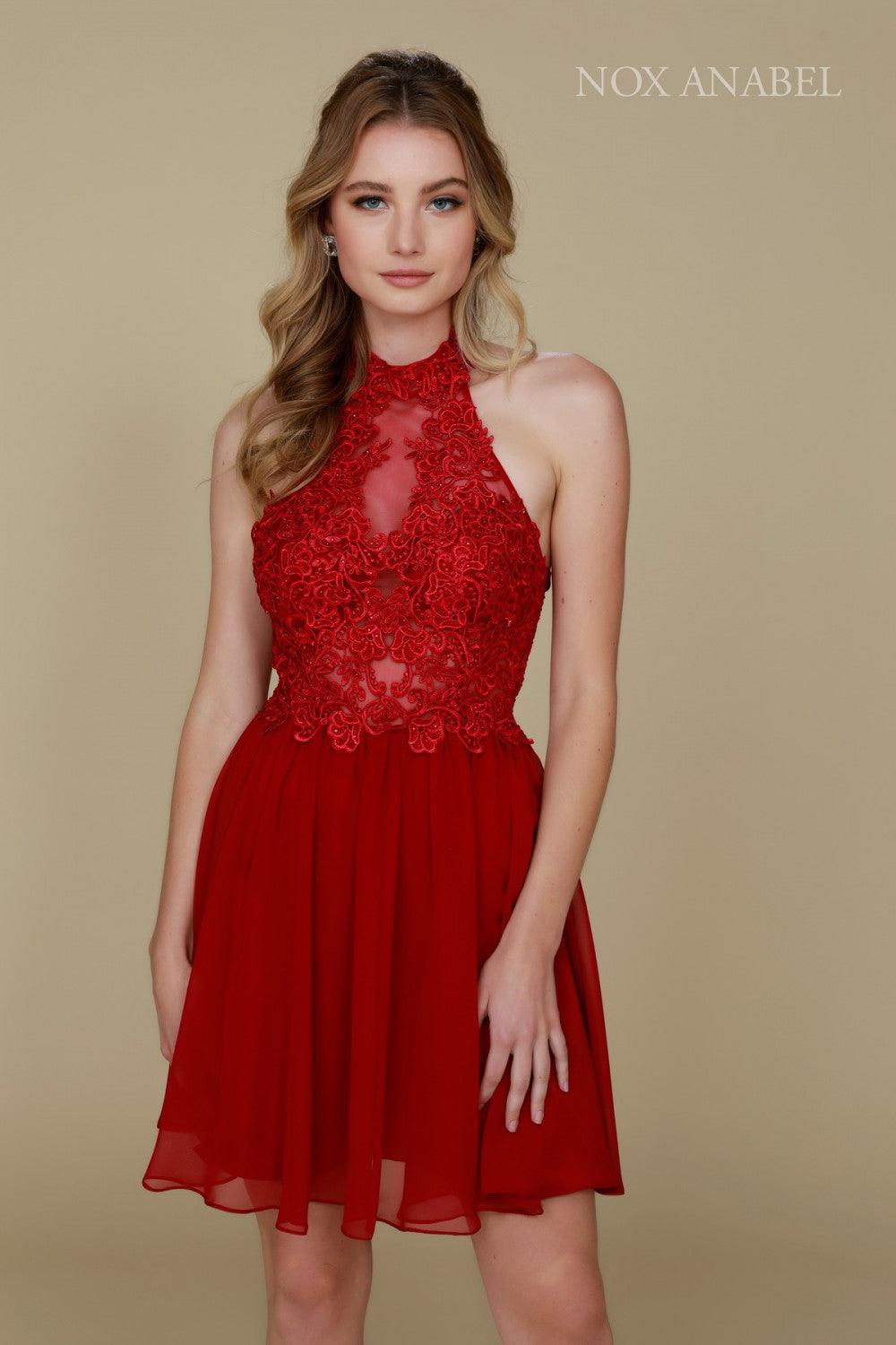 Short chiffon halter prom dress with rhinestone lace applique and glamorous open back design