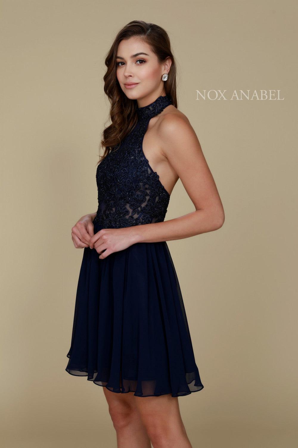 Short ivory chiffon halter prom dress with rhinestone lace applique and open back