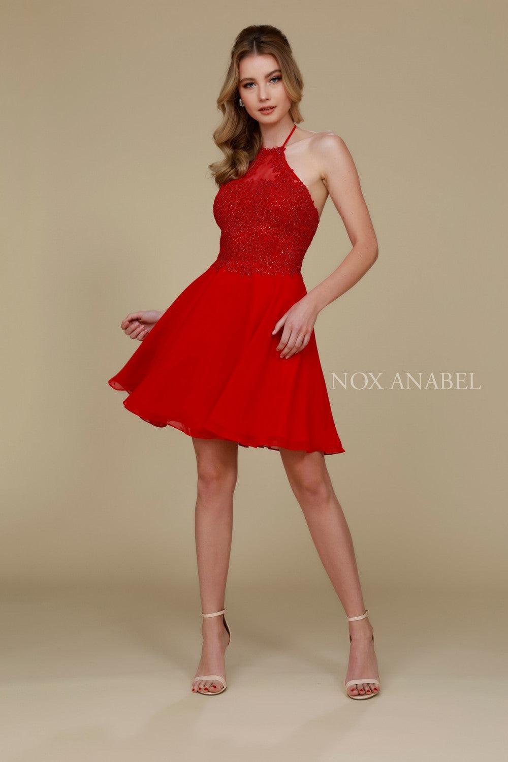 Mauve short halter neck chiffon prom dress with beaded lace appliqué and open back