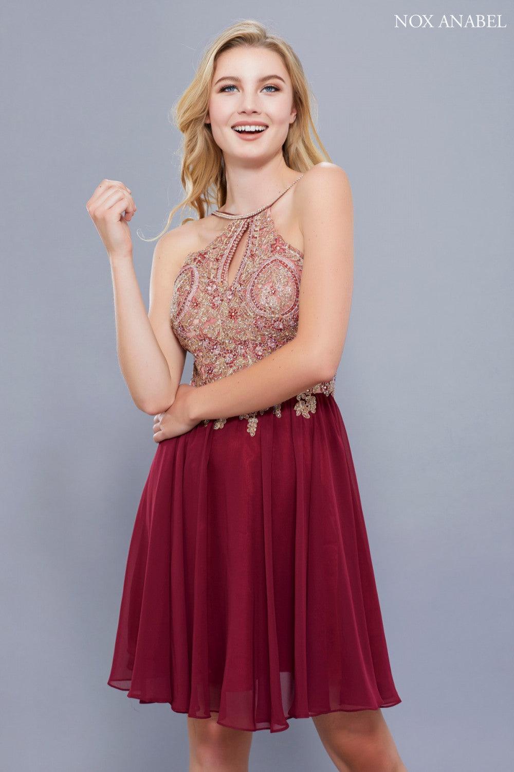 Beaded halter neck cocktail dress with keyhole zipper back, sleeveless open-shoulder formal style