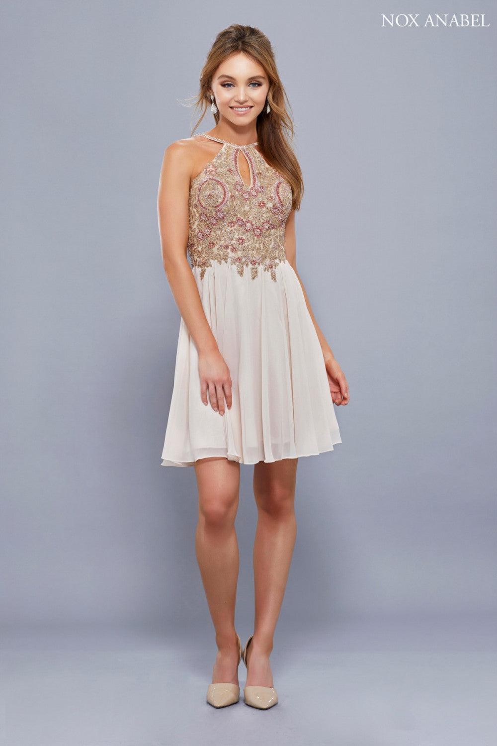 Beaded halter neck cocktail dress with keyhole zipper back, sleeveless open-shoulder prom style