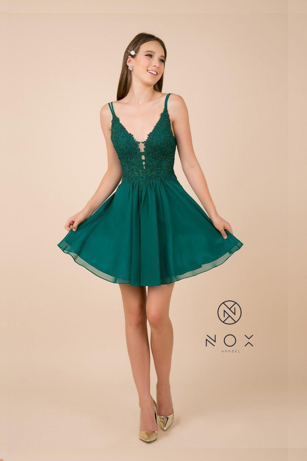 Short chiffon homecoming dress plunging V-neck sheer inset double spaghetti straps open back