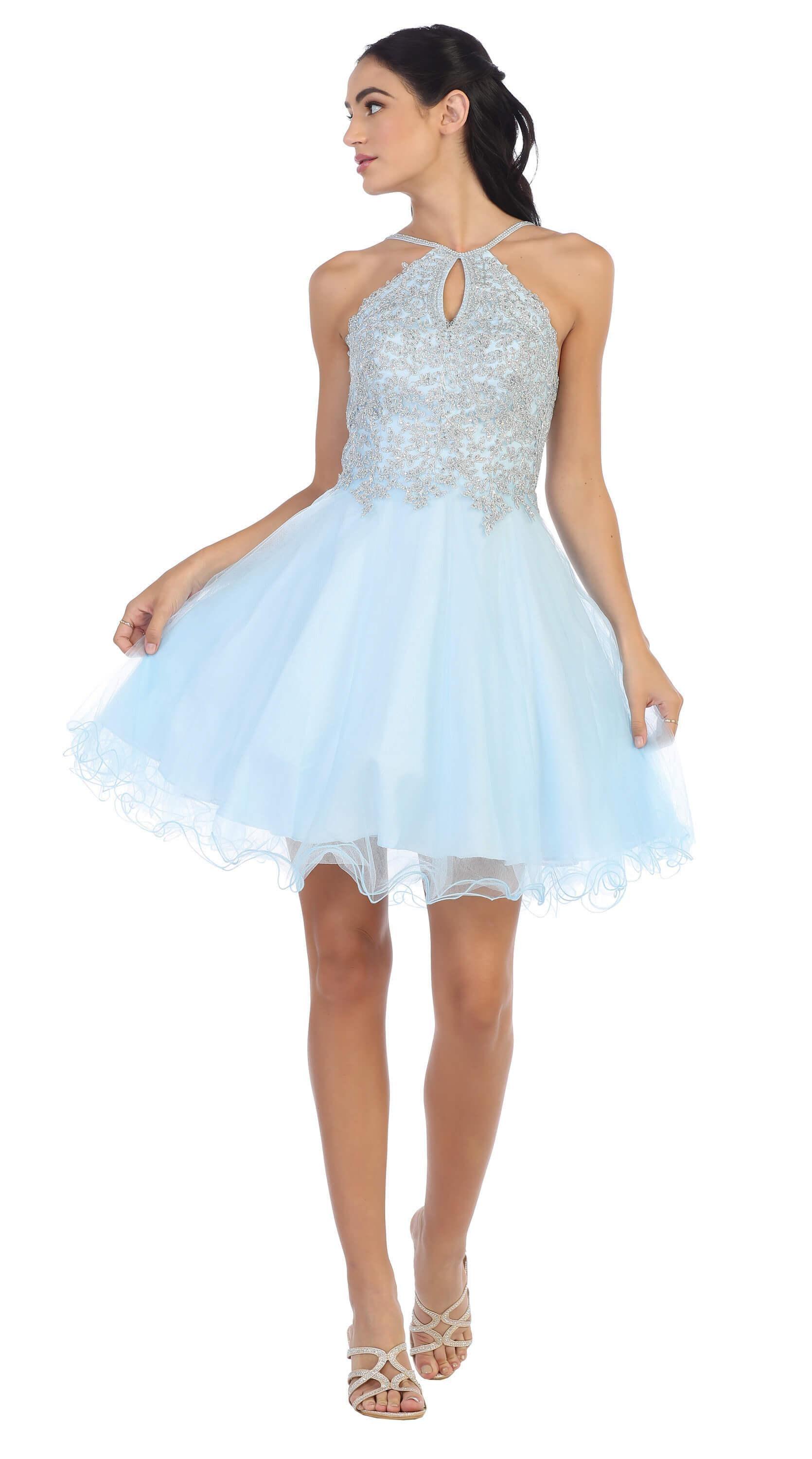 Dusty blue halter tulle mini prom dress with zipper back and built-in soft cup inserts