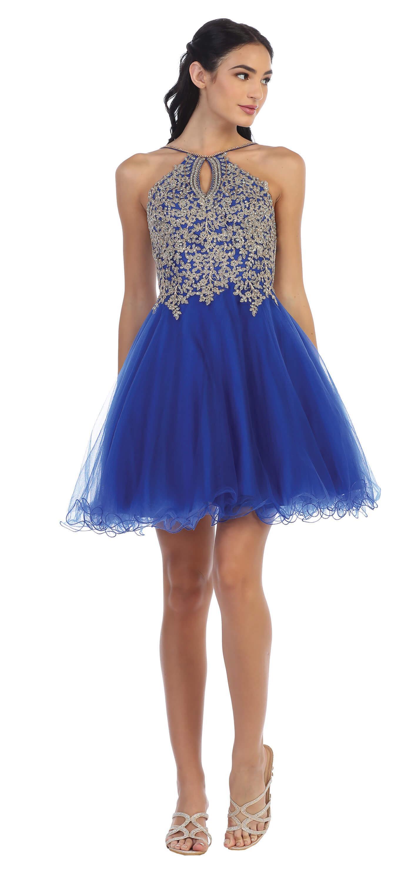 Teen girls short tulle halter prom dress with zipper back, soft cup inserts, fully lined