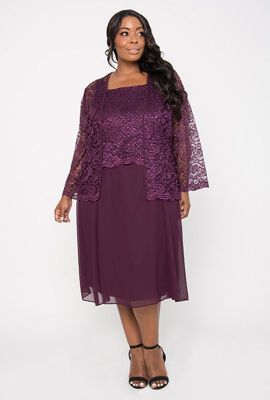 Elegant knee-length MOB dress with lace jacket, long sleeves, available in burgundy, navy, plum, silver