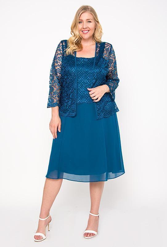 Elegant knee-length MOB dress with lace jacket, long sleeves, available in burgundy, navy, plum, silver