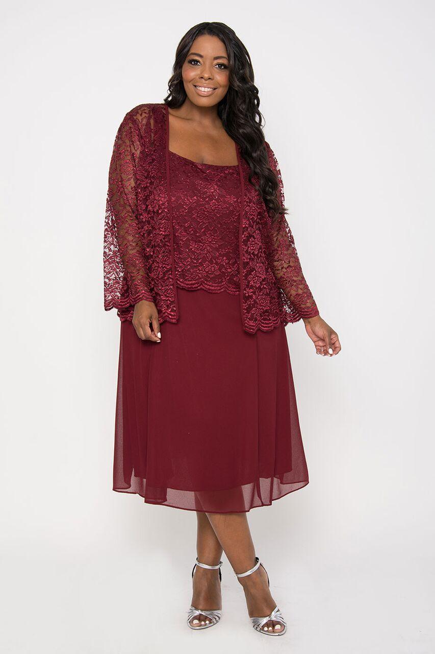 Elegant knee-length MOB dress with lace jacket, long sleeves, available in burgundy, navy, plum, silver