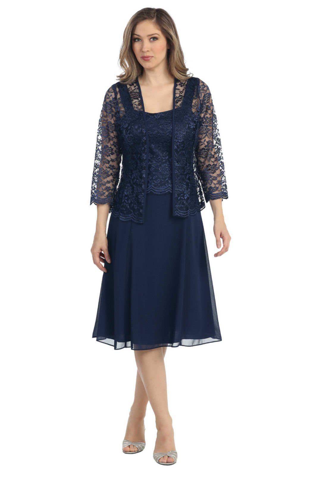 Elegant knee-length MOB dress with lace jacket, long sleeves, available in burgundy, navy, plum, silver