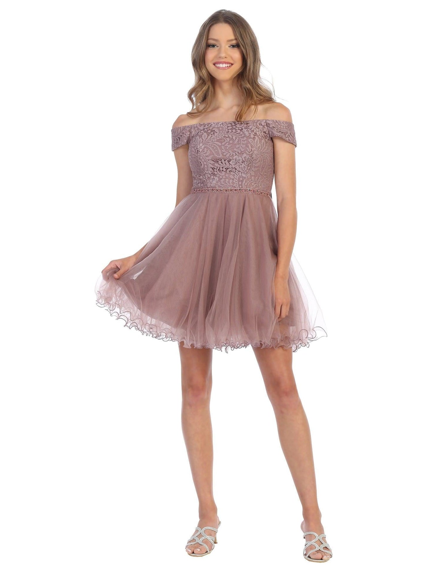 Short off-shoulder cocktail mini dress with lace tulle overlay, corset back, and ruffle detail