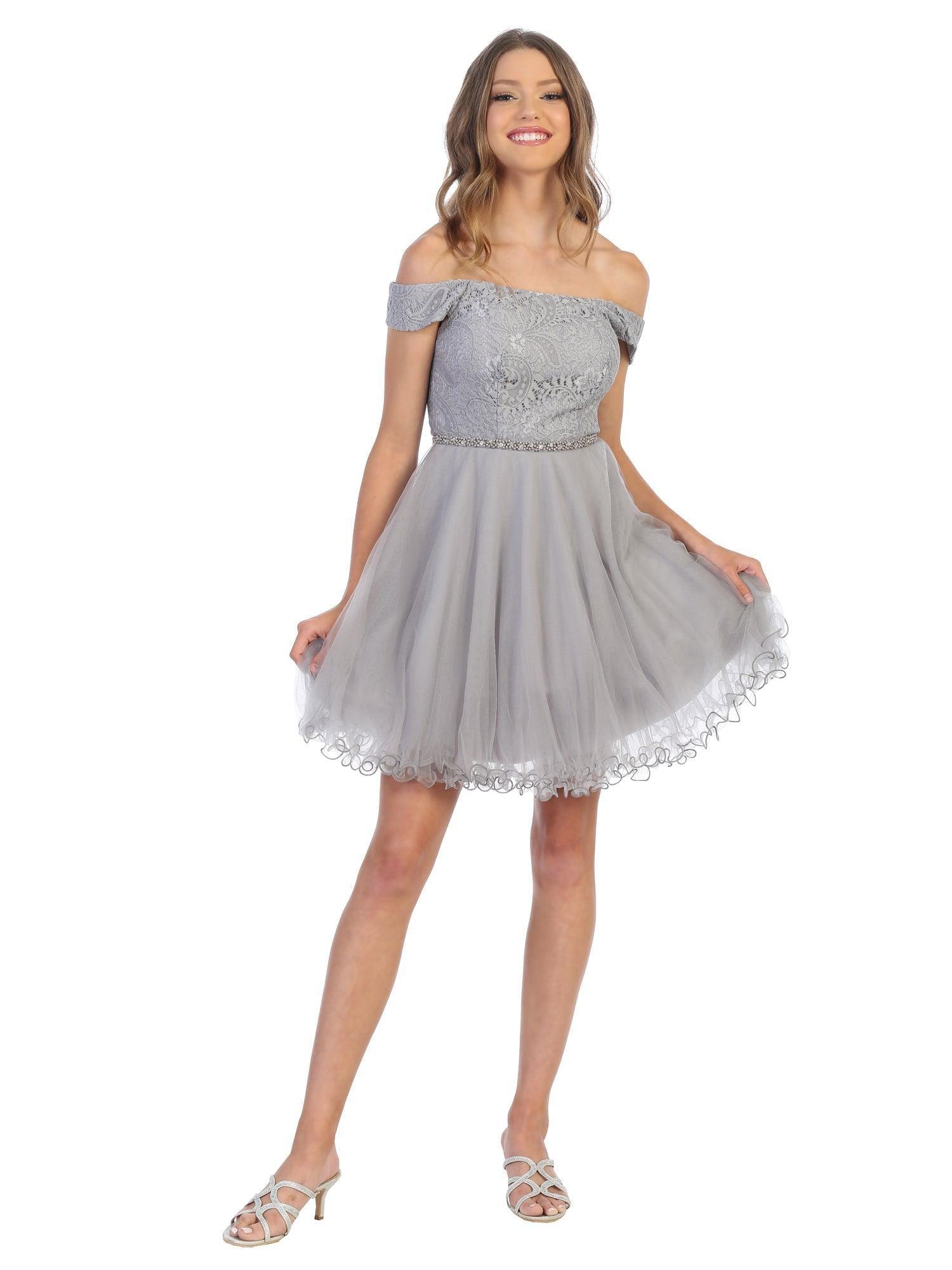 Short off-shoulder cocktail dress with lace tulle overlay, corset back, and ruffled hem in mini length