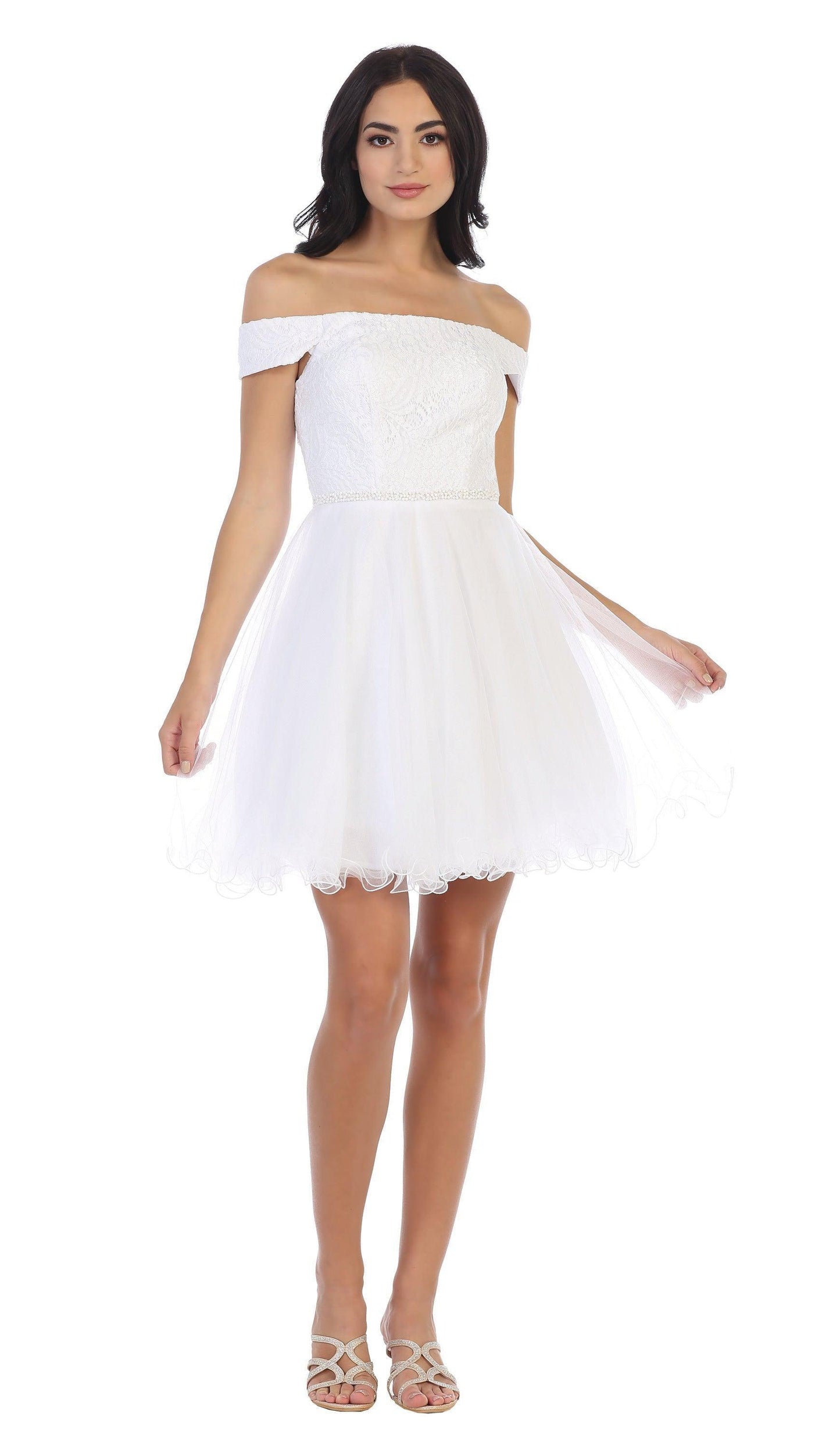 Short off-shoulder mini cocktail dress with lace tulle overlay, corset back, and ruffle trim