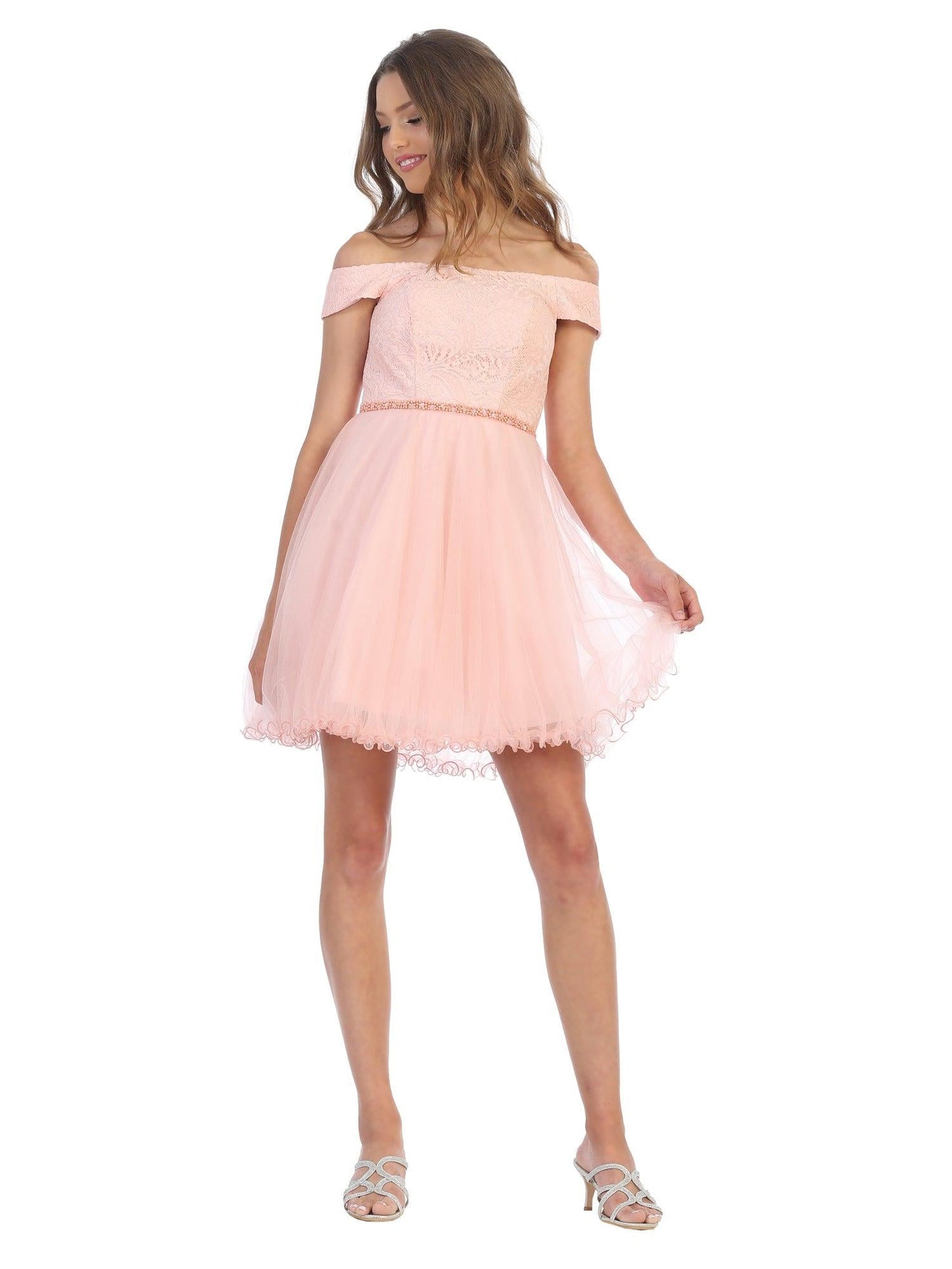Short off-shoulder cocktail mini dress with lace tulle overlay, corset back, and ruffle detail