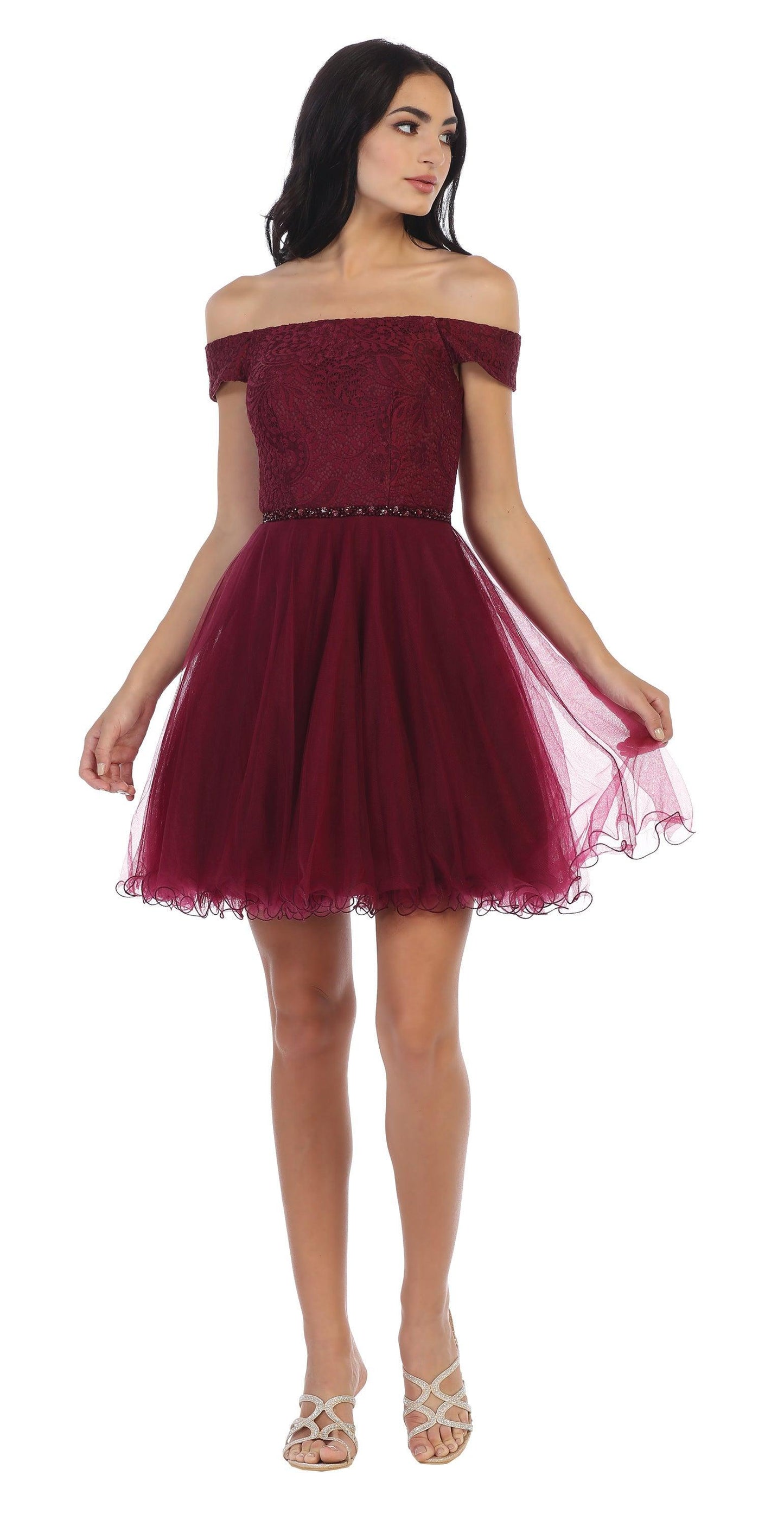 Off-shoulder short homecoming cocktail dress, lace tulle overlay, corset back, ruffled mini silhouette
