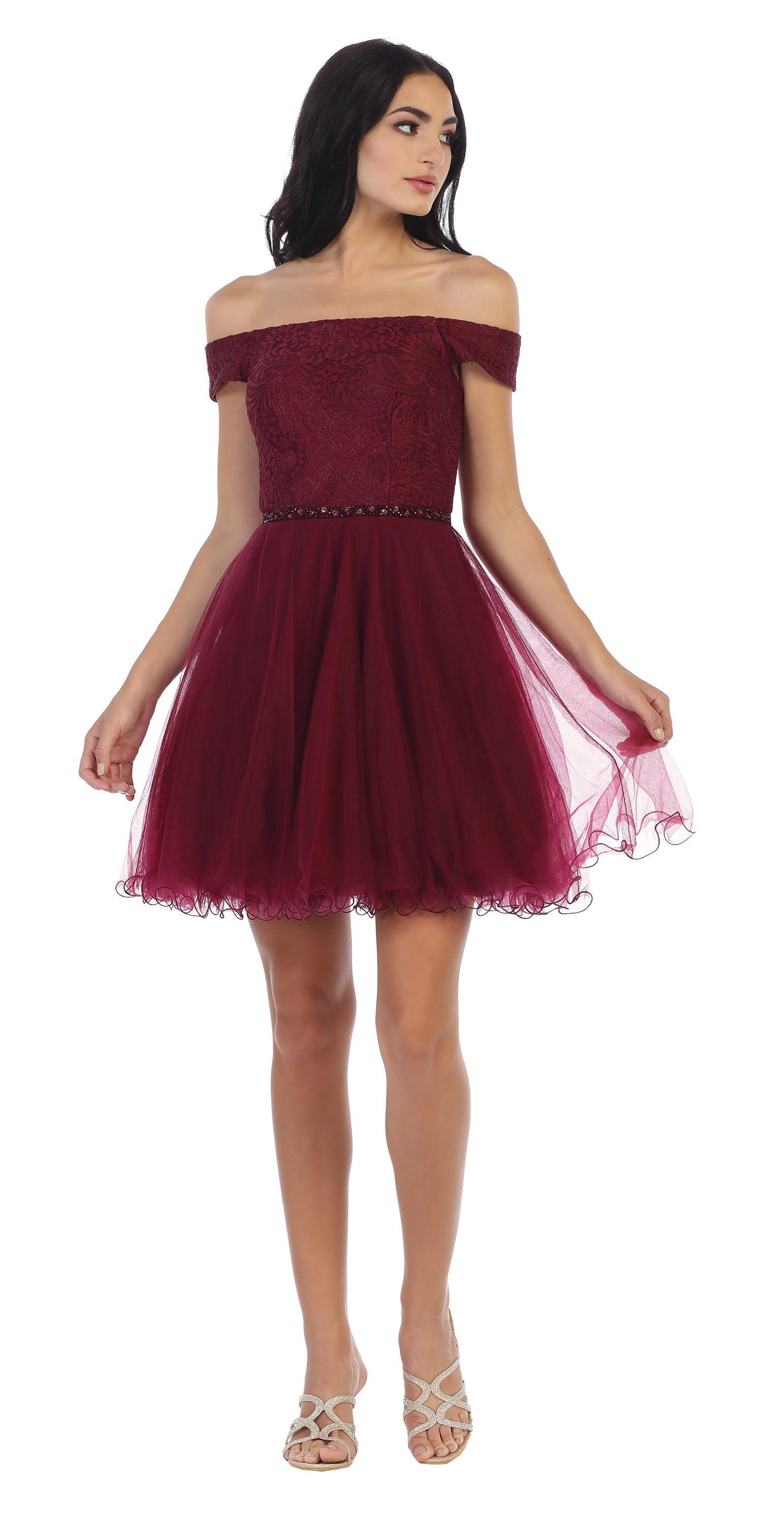Off-shoulder short homecoming cocktail dress, lace tulle overlay, corset back, ruffled mini silhouette