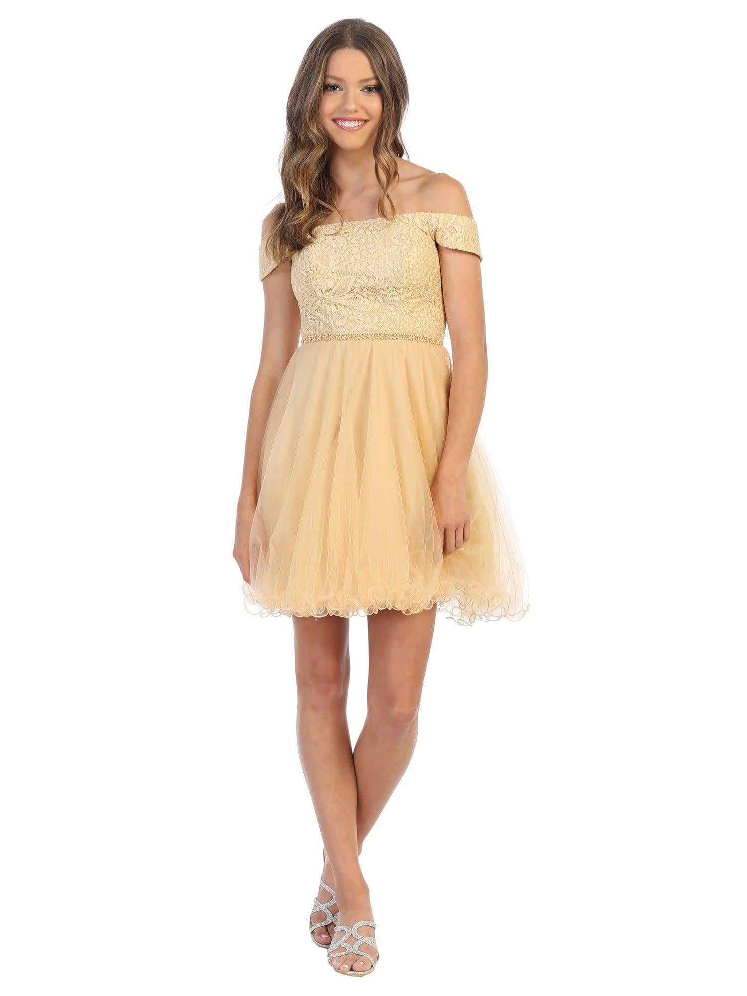 Short off-shoulder cocktail dress with lace tulle overlay, corset back, ruffles, homecoming mini style