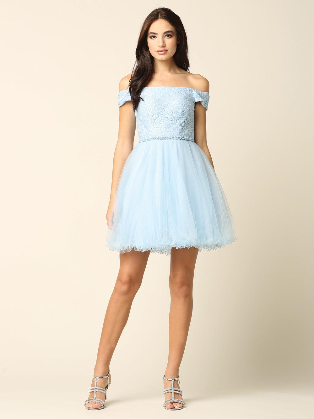 Short off-shoulder cocktail dress with lace tulle overlay, corset back, ruffles, homecoming mini silhouette